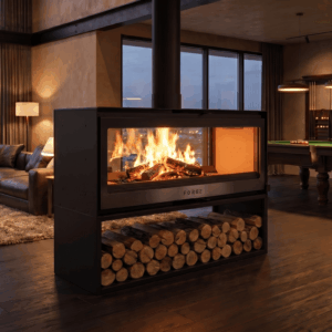 Forge Double Sided Freestanding Fireplace with Woodbox